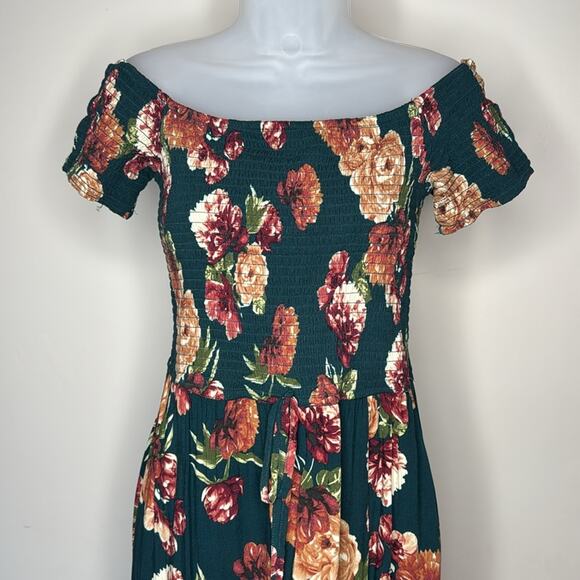 XHILARATION Women’s Dark Green Floral Off Shoulder Maxi Dress Slit and Pockets - Picture 3 of 8